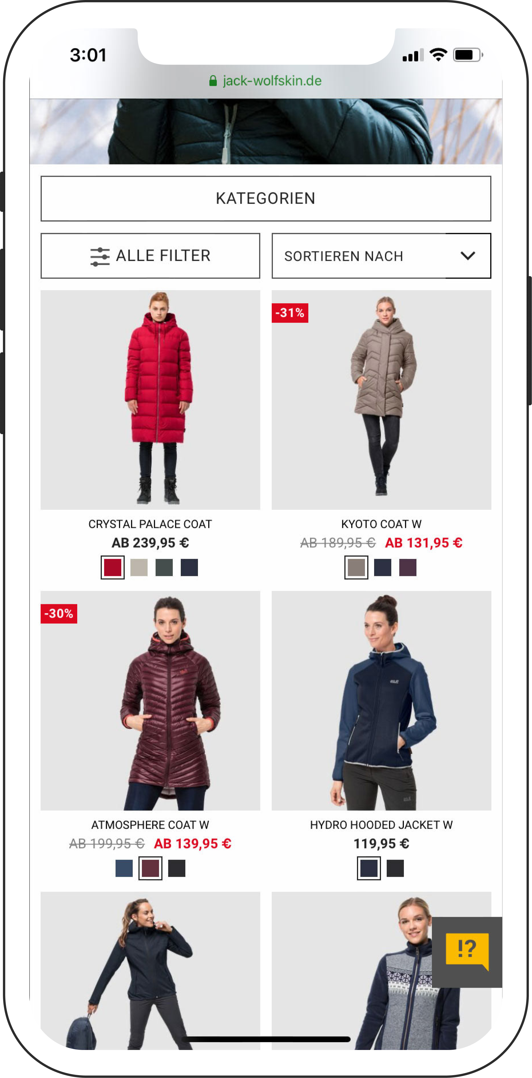 Screenshot of a website displaying women's winter coats for sale, including various styles and prices with discounts.