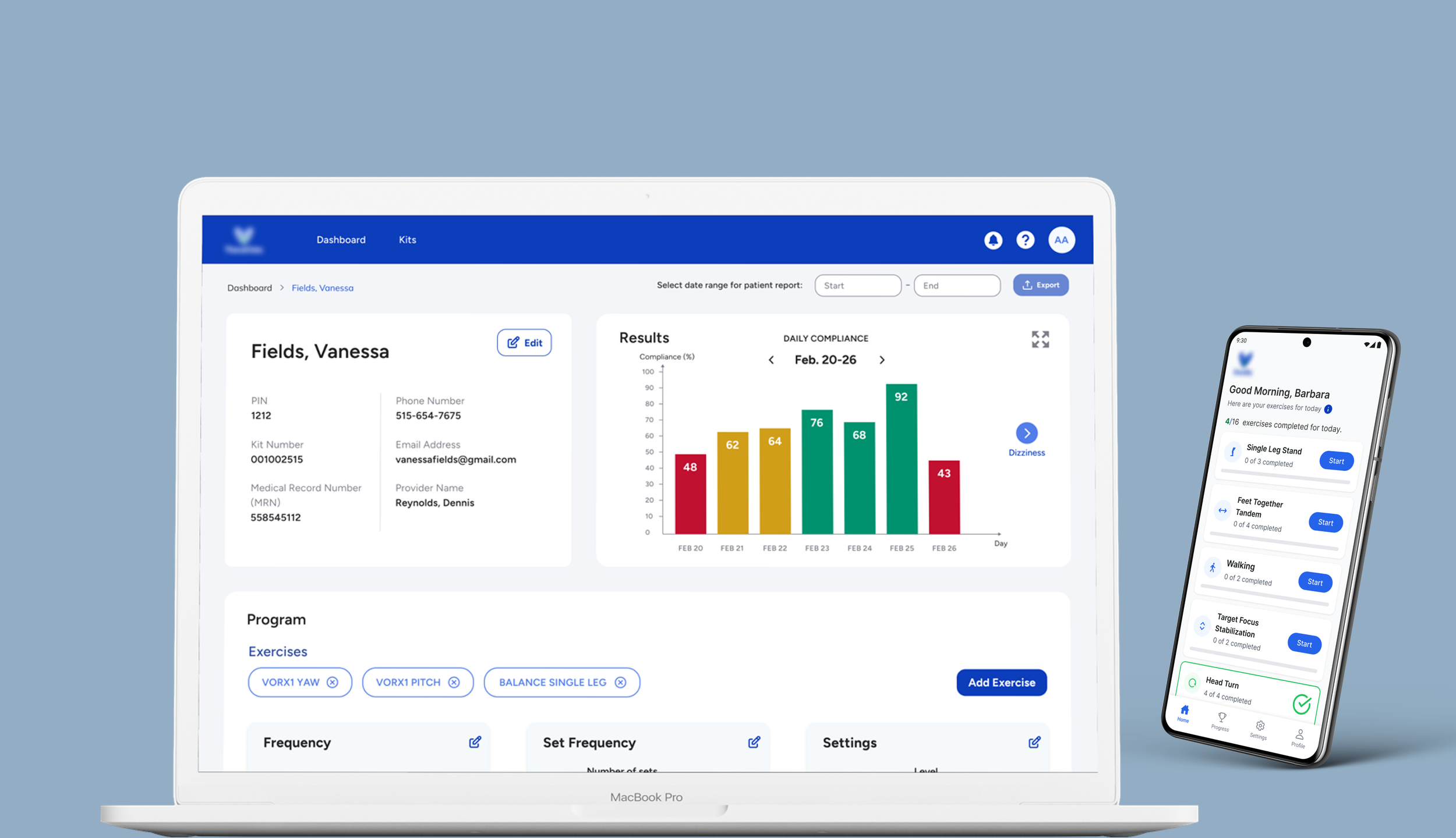 A MacBook Pro laptop displaying a patient compliance dashboard with data charts and patient information, alongside a smartphone showing a health app interface with exercise progress and reminders.