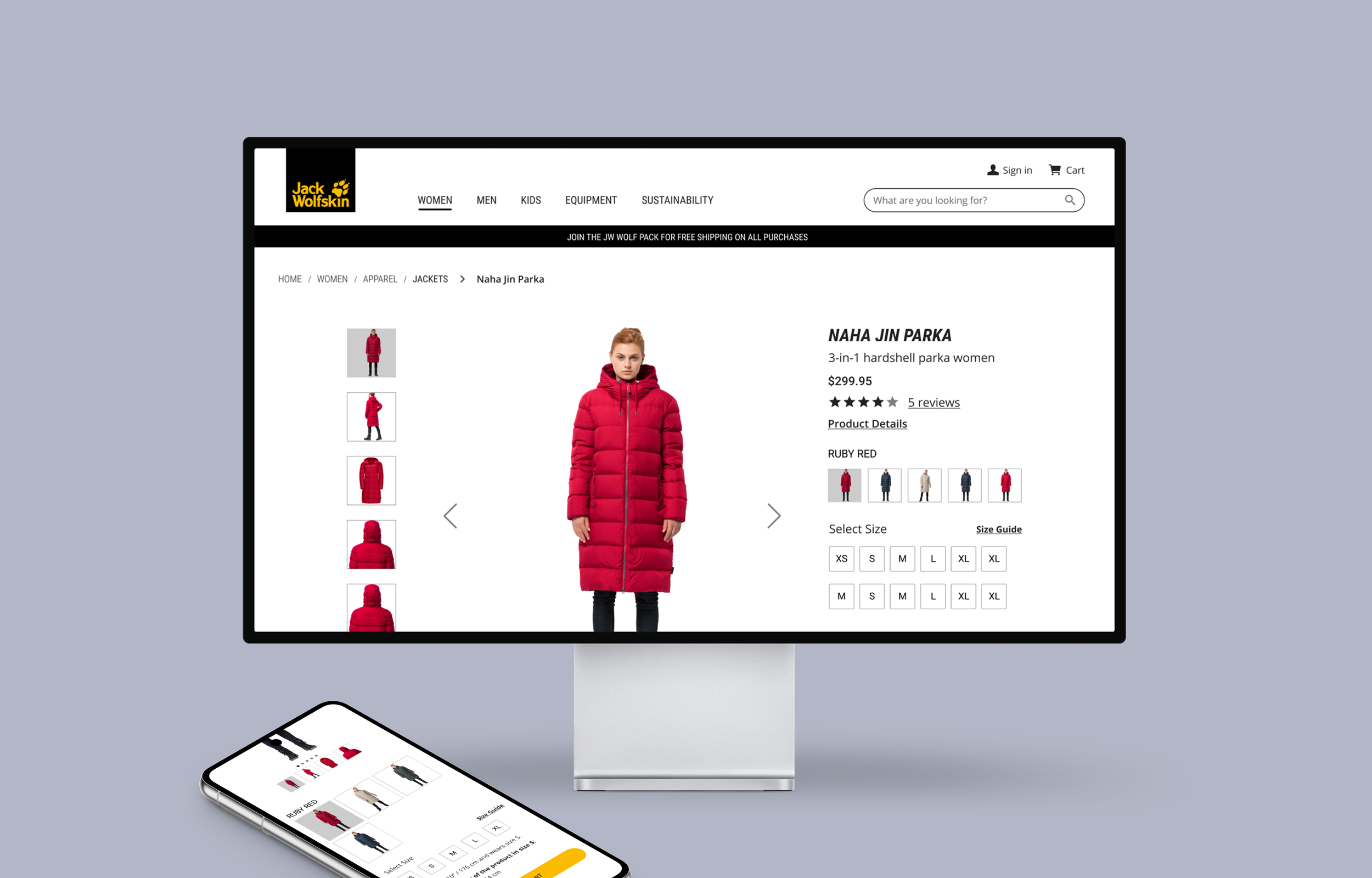 Online shopping website displayed on a desktop and smartphone screen, showing a red puffer coat for women from Jack Wolfskin.