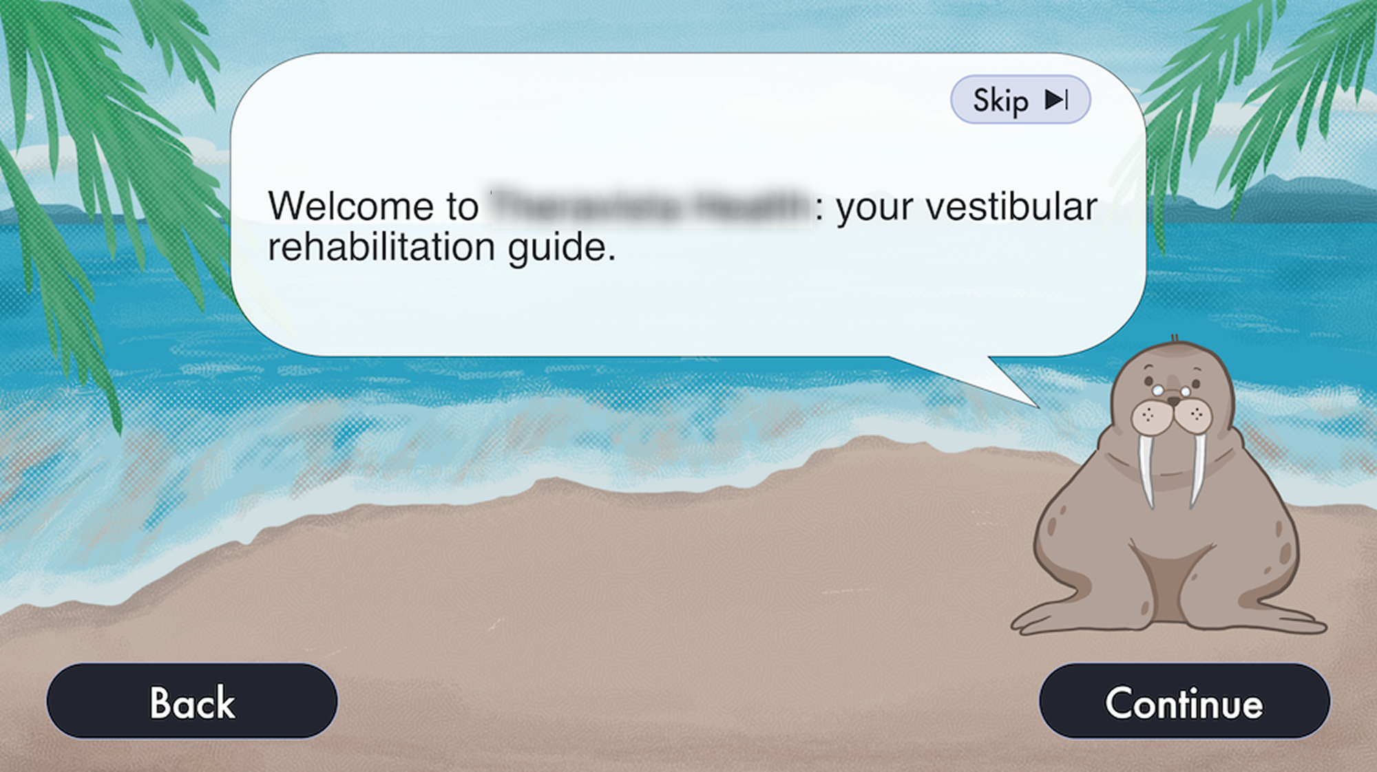 Animated ocean scene with sandy beach, palm leaves overhead, and a cartoon walrus sitting on the beach with sunglasses, speaking a message in a speech bubble. Buttons labeled "Back" and "Continue" are at the bottom of the screen.
