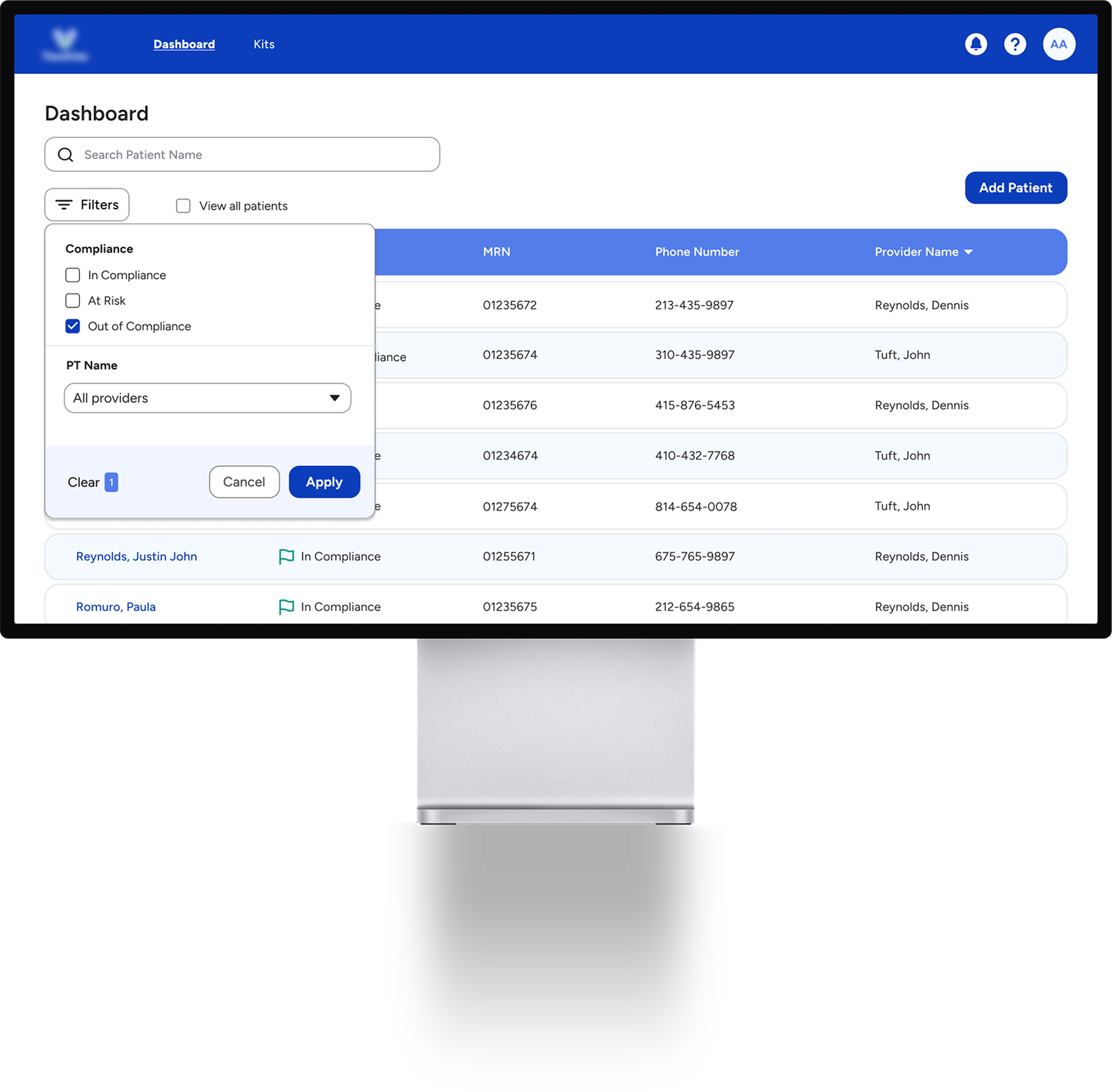Computer monitor displaying a healthcare management dashboard with patient information, filters, and options to add patients.