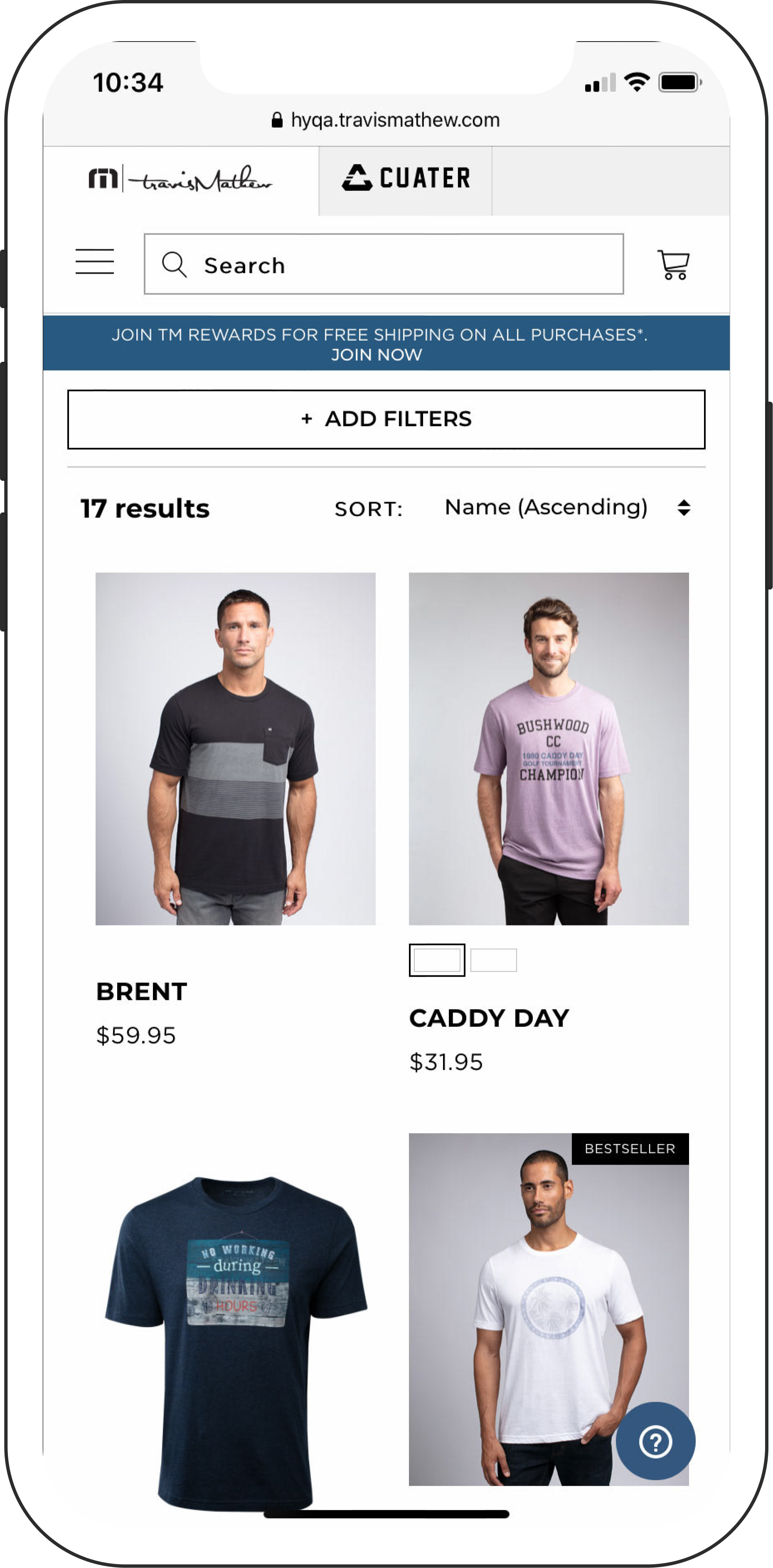 Screenshot of a website selling men's t-shirts, showing four shirts with prices and descriptions.