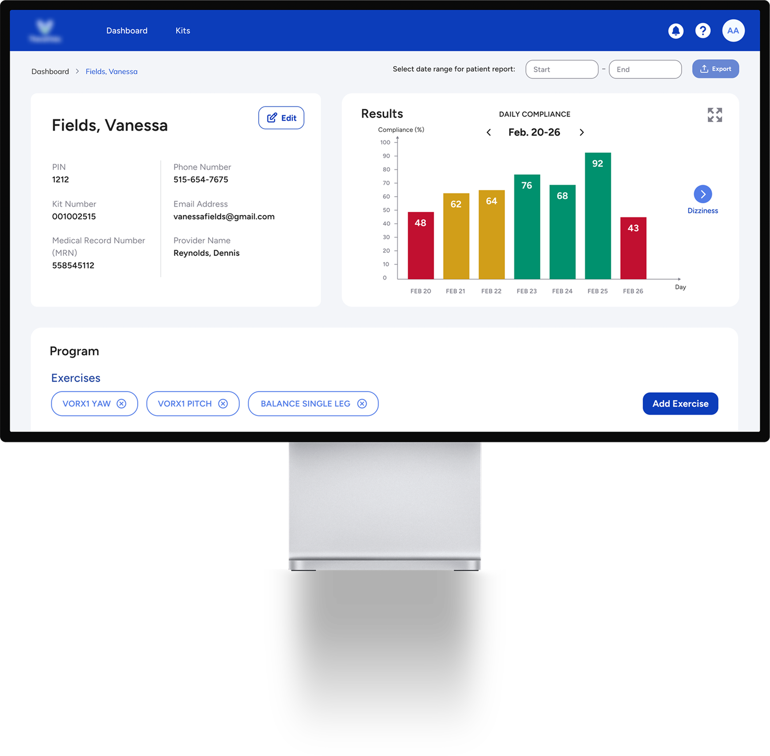 Computer monitor displaying a healthcare management dashboard with patient information, a compliance bar chart, and a program exercise list.