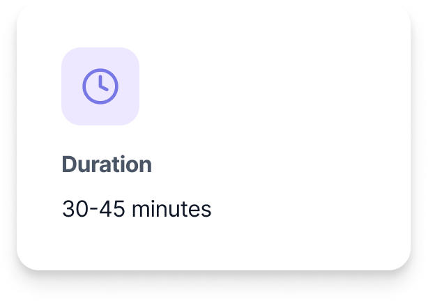 Screen showing a time duration of 30-45 minutes with a clock icon.