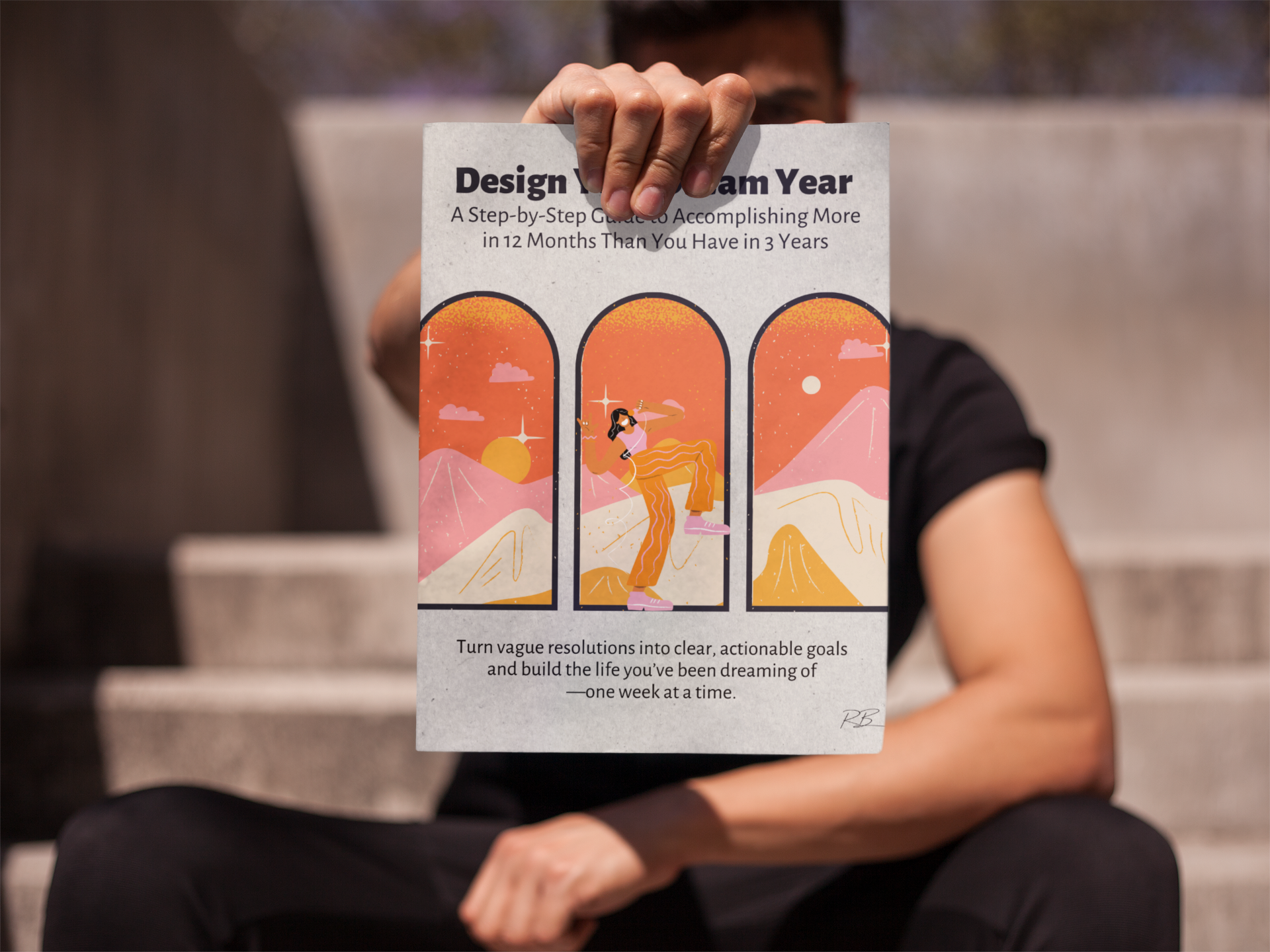 young-white-man-holding-a-magazine-while-sitting-down-in-concrete-stairways-mockup-a14449.png