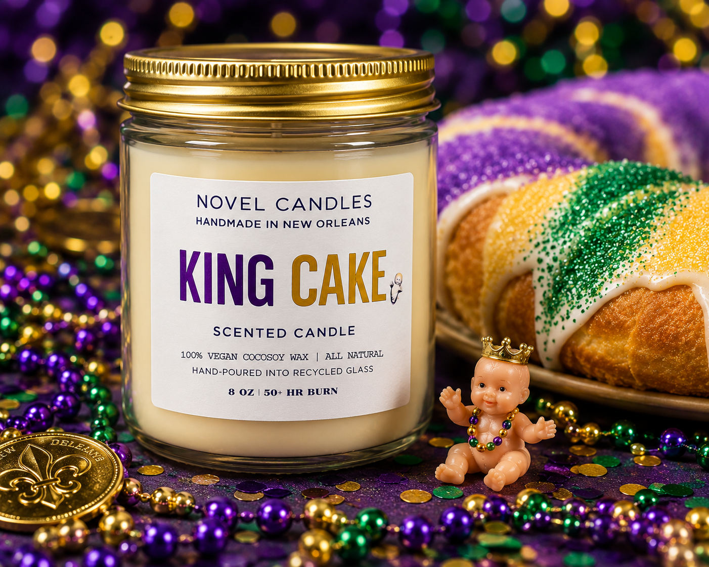 King Cake Candle - Mardi Gras Dessert Scent, Cinnamon Sugar Vanilla, New Orleans Gift, Purple Gold Green Candle with Baby Inside