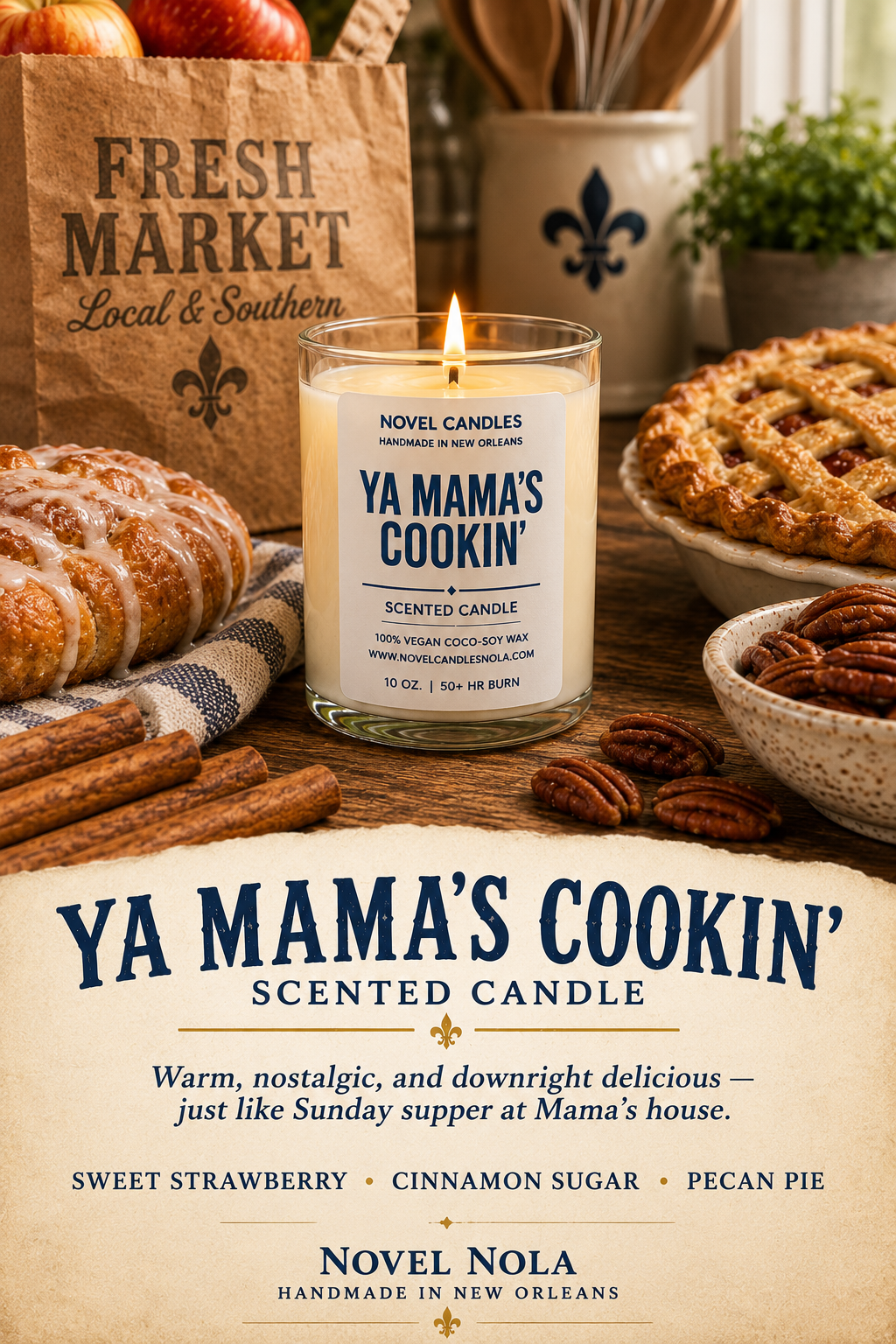 Ya Mama’s Cookin’ Candle | Fresh Baked Bread, Cinnamon Sugar, Pecan Pie & Apple | New Orleans Southern Home Scent
