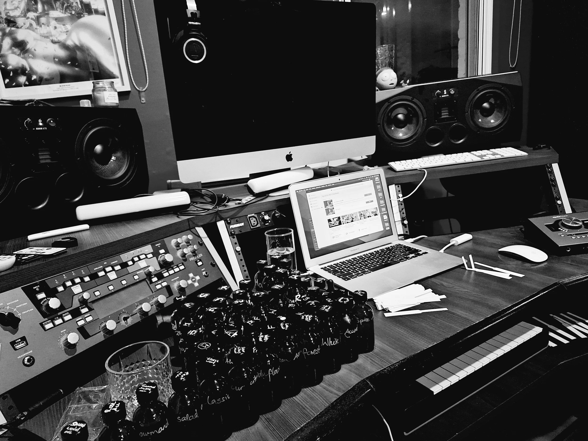 music studio with fragrance bottles