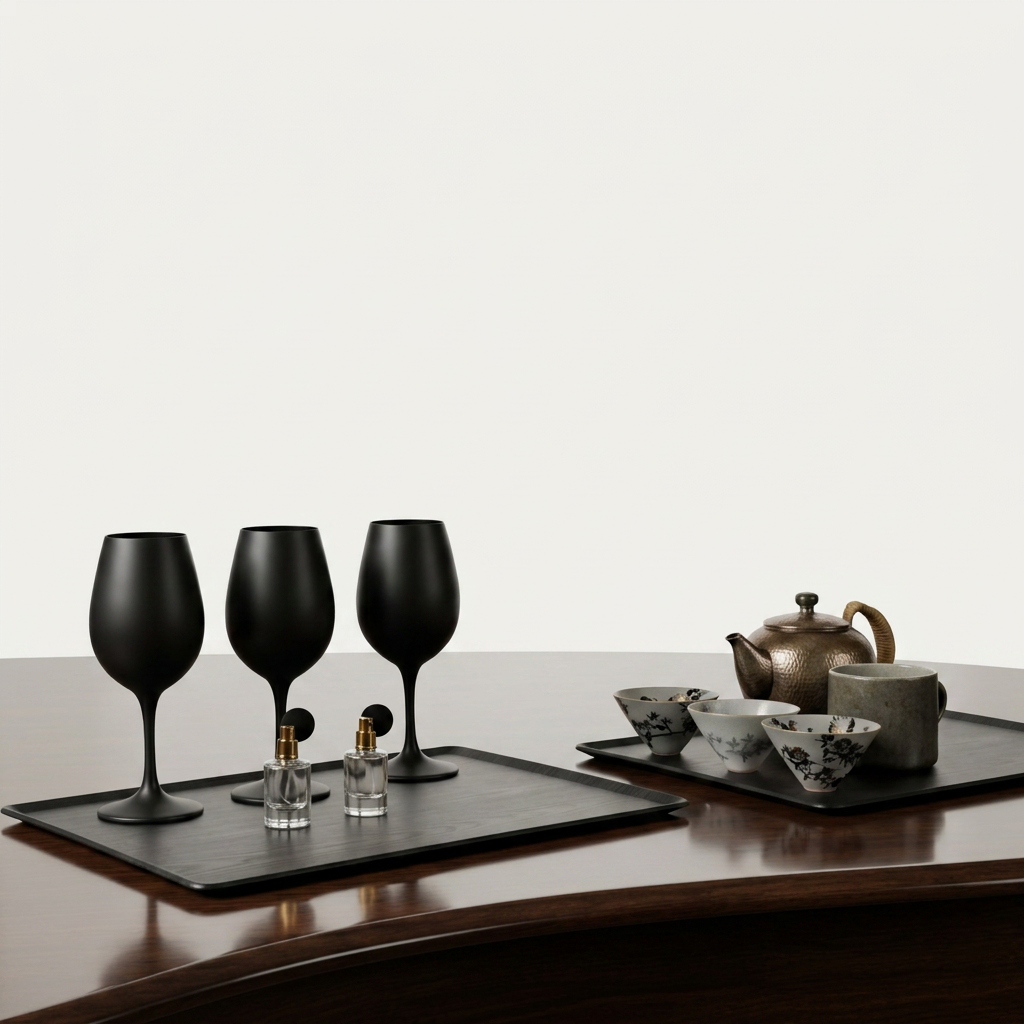 Three black wine glasses and two small spray bottles on a black tray, with a set of teapot, bowls, and cup on a separate tray on a wooden table.