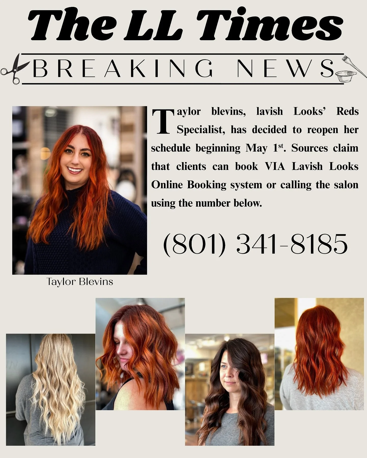 ITS OFFICIAL😆
@taylorblevinshair is making her comeback at @lavishlookssalonutah this May! Starting May 1st, Taylor&rsquo;s books will be officially open!

You can schedule with Taylor by using our Online Booking system found in our bio or by callin