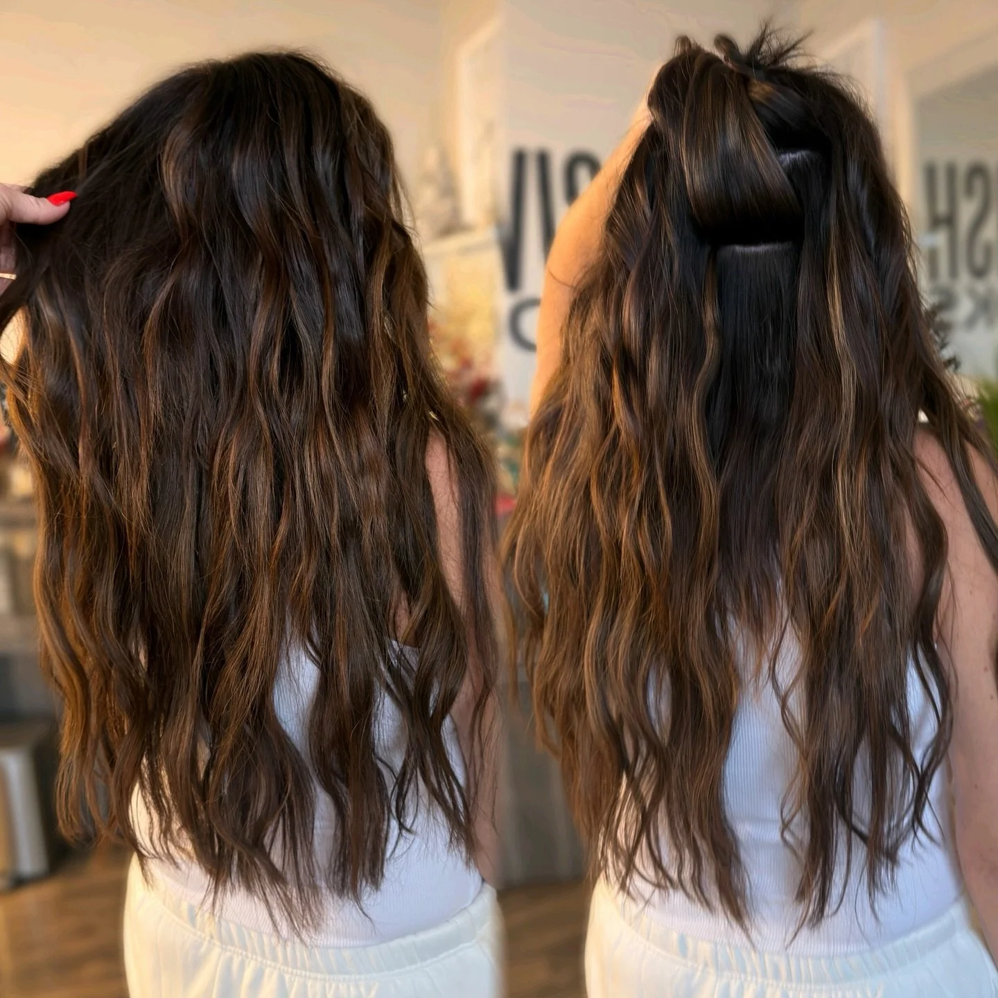 One of my OG clients, Michelle! 🥹💕🫶🏽
.
Such a beauty I can barely stand it 😮&zwj;💨😍

We kept her brunette rich + dimensional, then added IBE&reg; hand-tied extensions for that effortless length and fullness&mdash;no harsh lines, just a perfect