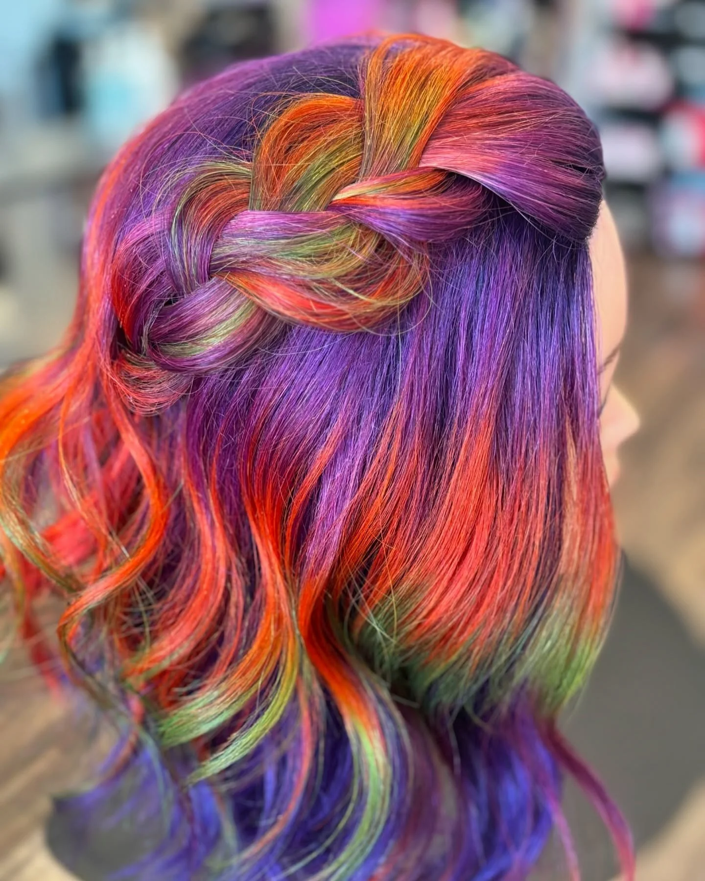 Happy Halloween, y&rsquo;all! 🎃💜🧡💚 May your day be filled with treats, tricks, and hair that&rsquo;s to dye for! 👻🍬🕸️ 
Painted with @dangerjonescreative 
#lehiutahhairstylist #utahcountysalons #lehiutahhair #halloweenhair