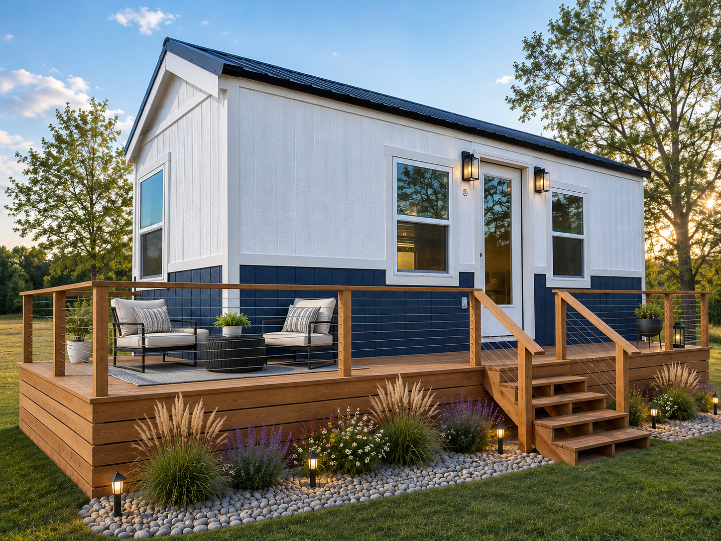 A small modern tiny house with white and dark gray exterior siding and large windows, set on a trailer with a wooden staircase leading up to the door, in an outdoor setting during the daytime.