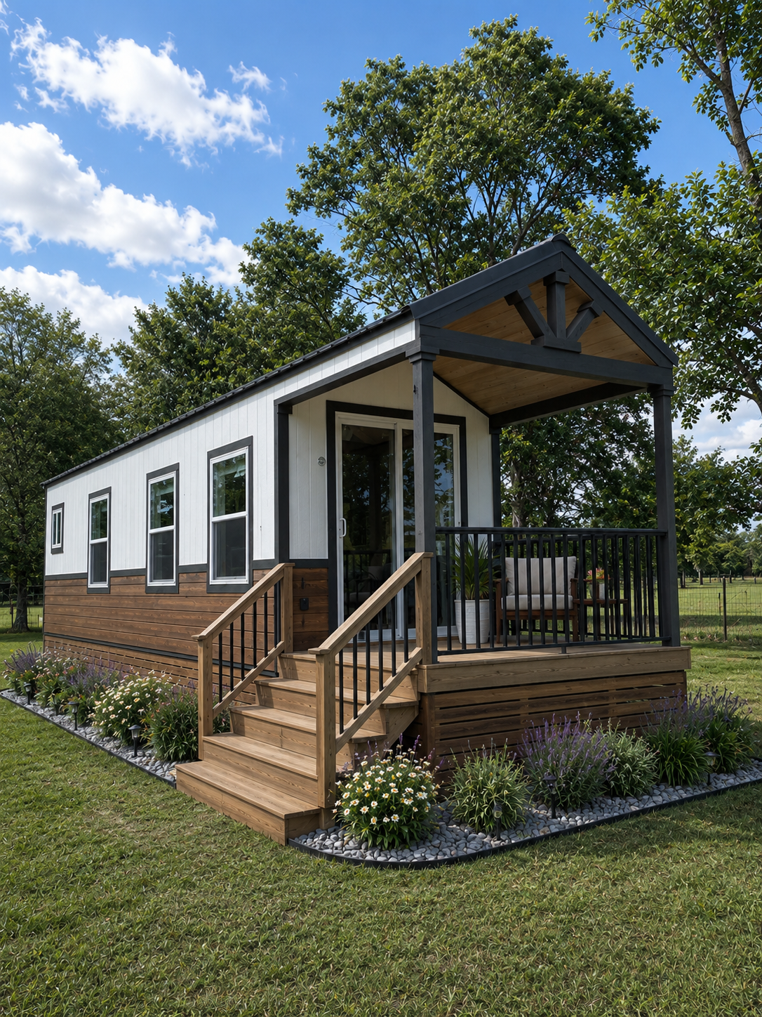 A tiny modern house on wheels with a lofted roof and large windows, situated outdoors among trees with a partly cloudy sky overhead.