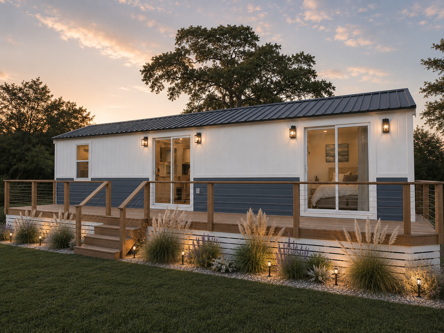 A tiny, modern, green house on wheels with black trim and large windows, situated on a grassy area with tall pine trees in the background under cloudy skies.
