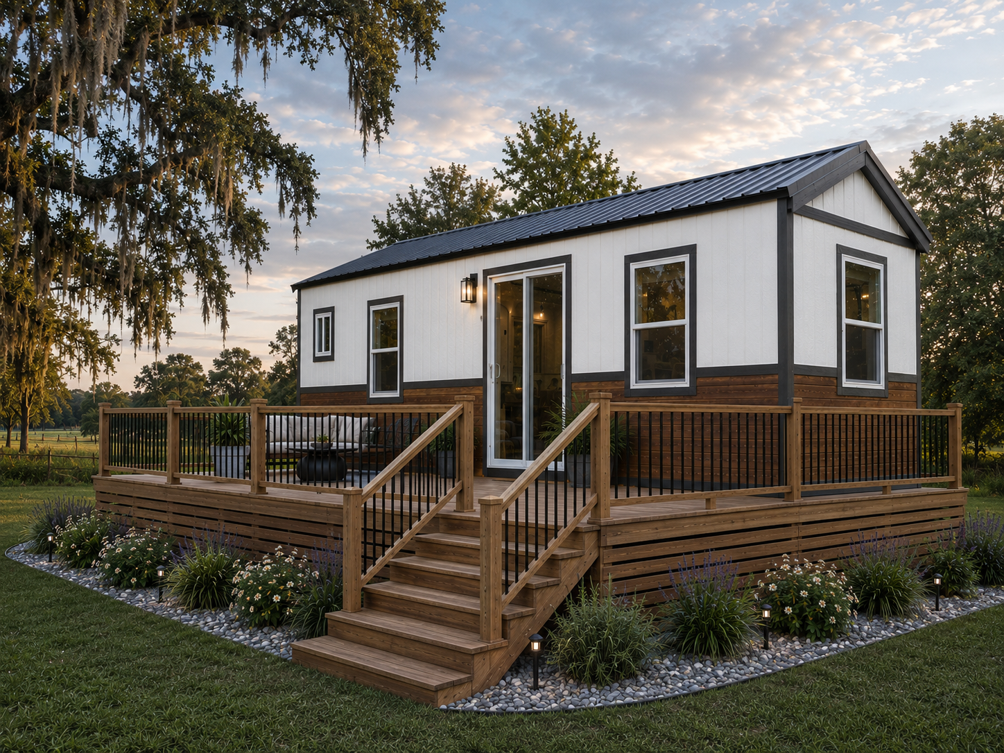 A tiny house on wheels with white and wood exterior, multiple windows, a small staircase, and surrounded by green grass and trees, under a blue sky with scattered clouds.