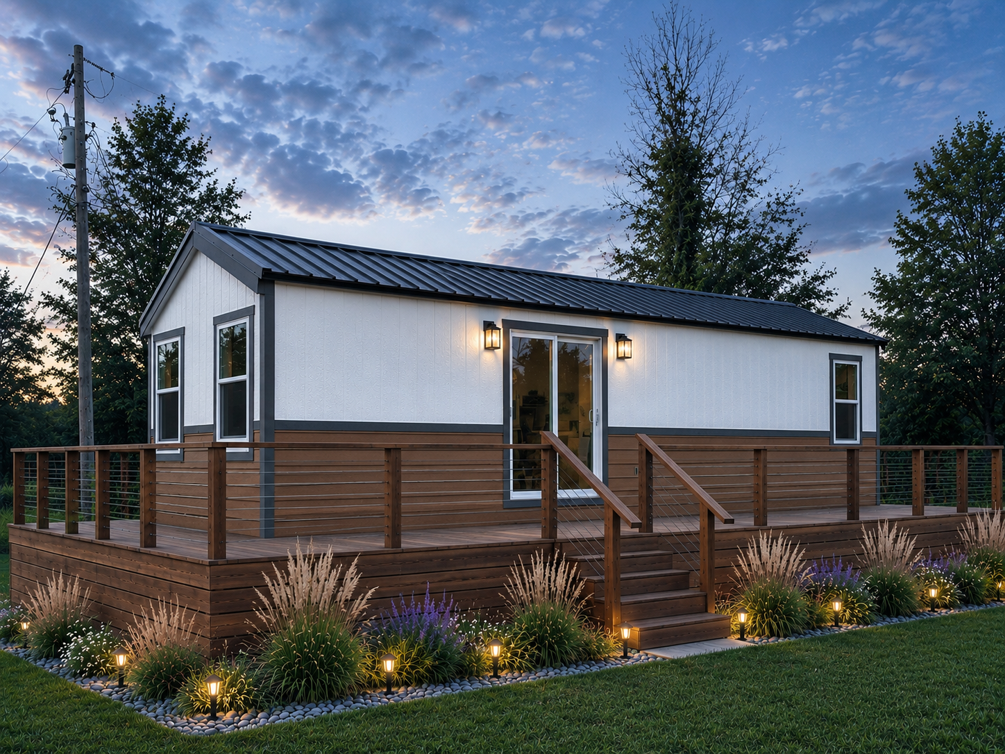 A tiny house on wheels with a cream and light brown exterior, three large windows, a small wooden staircase, and black exterior lights, set outdoors with trees and a partly cloudy sky in the background.