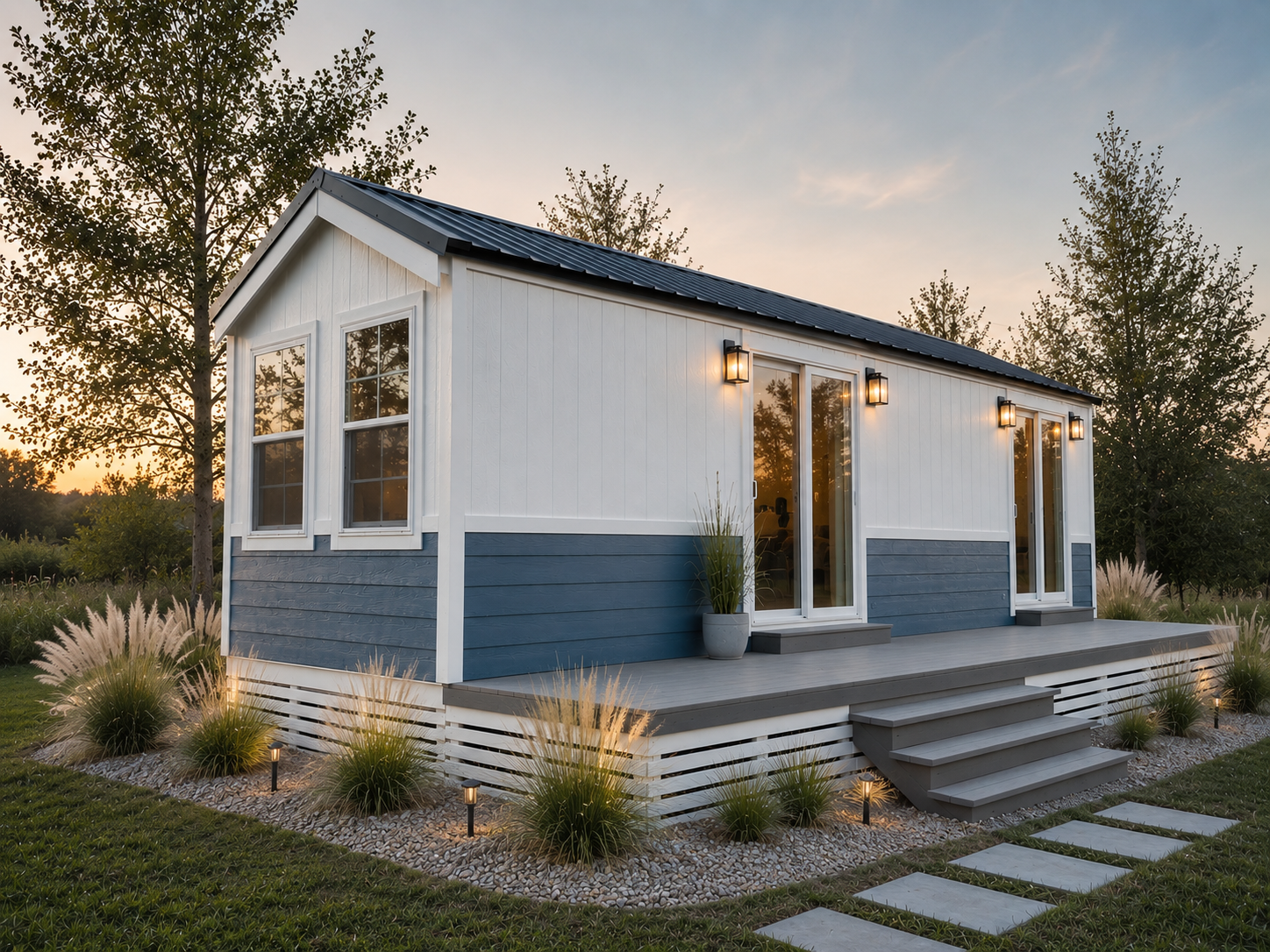 A tiny house on a trailer with stairs leading up to the door, set outdoors with trees and a clear sky in the background.