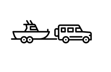 Line drawing of a boat on a trailer attached to a pickup truck.