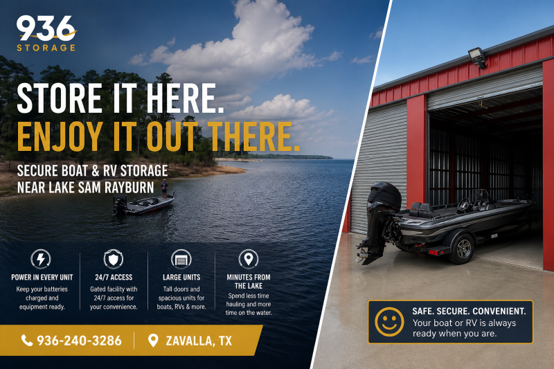 Boat and RV storage facility in Zavalla TX near Lake Sam Rayburn with secure fenced access