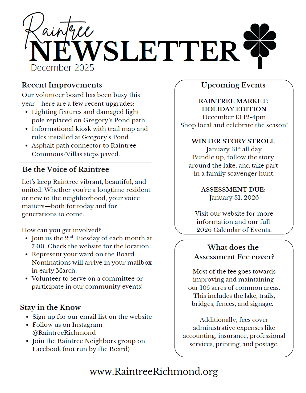 December 2025 Raintree Newsletter with sections on recent improvements, upcoming events, being the voice of Raintree, staying in the know, and a question about assessment fee coverage.