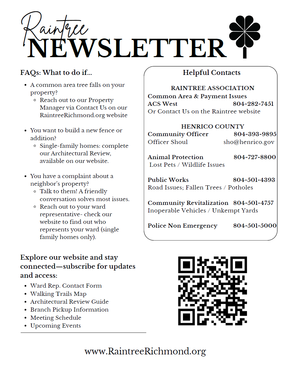 A Raisntree newsletter with a large black flower logo at the top right, titled 'Raintree Newsletter' in black and cursive font. It includes FAQs about tree issues, helpful contact information for the Raintree Association, and a QR code with website links at the bottom.