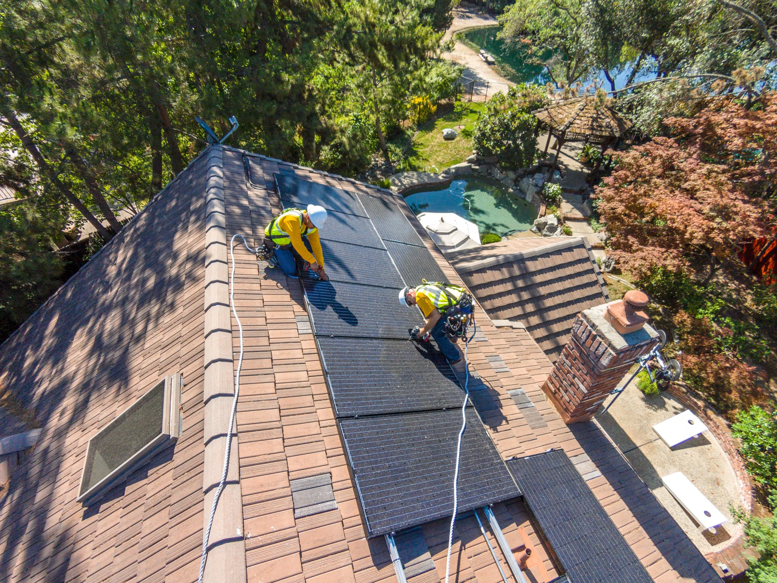 Residential solar installation from drone, Stockton, Modesto, Fresno, Central Valley, California