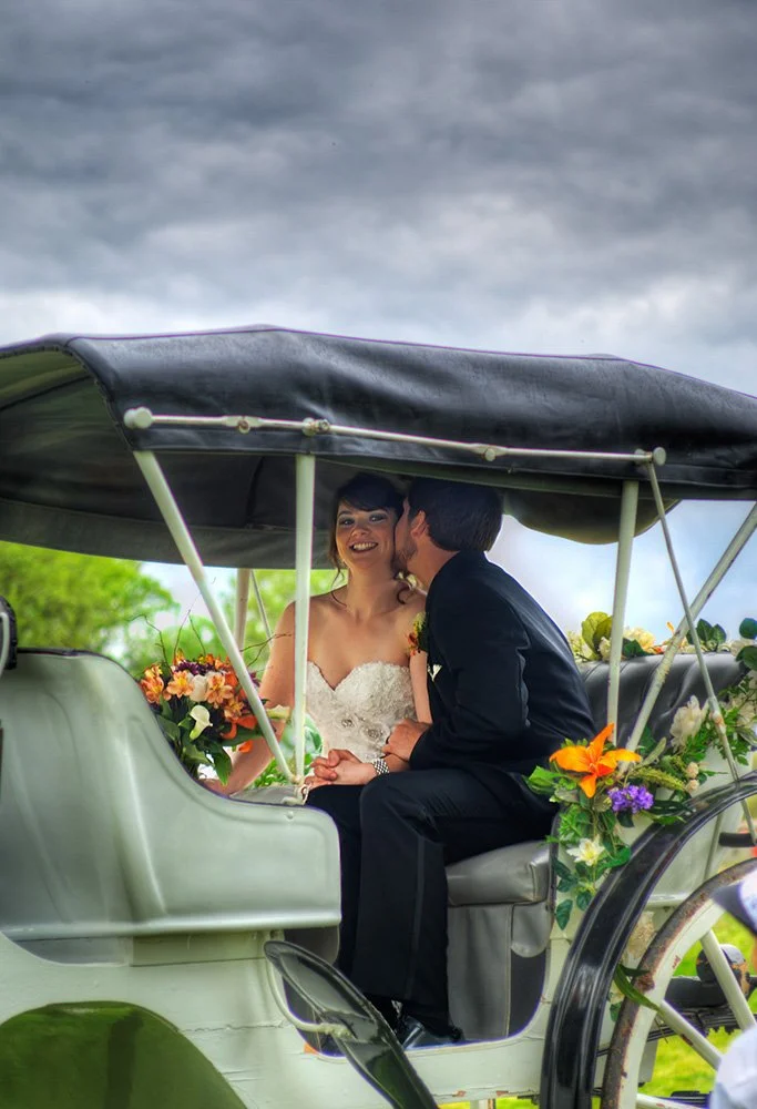 bride and groom in horse drawn carriage