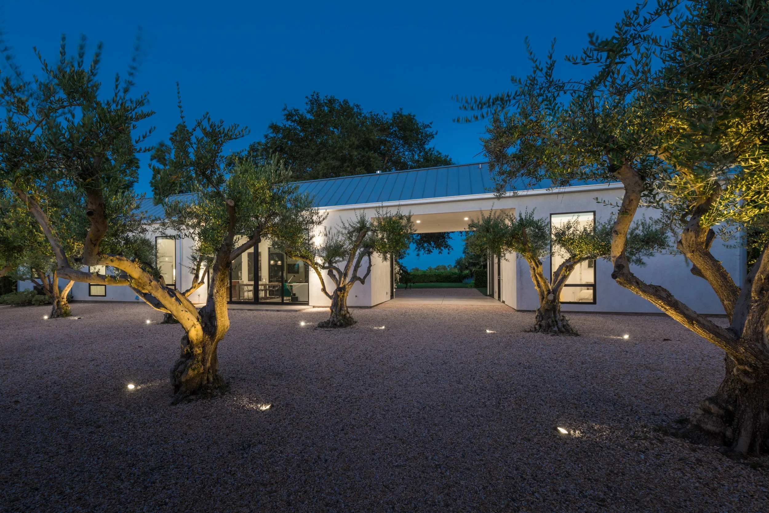 Modern house with large windows, trees with lights at night, and a gravel yard with groundlights.
