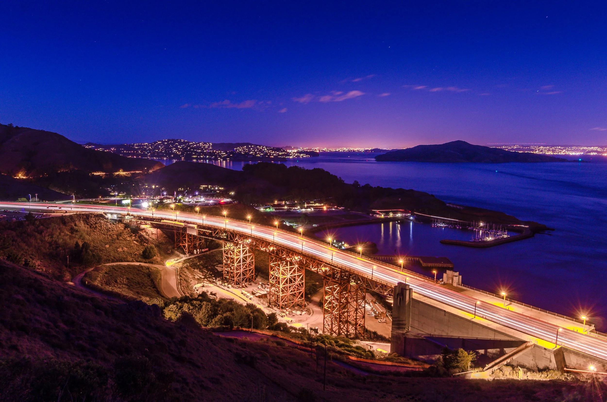 Night construction on Hwy 101 near the Golden Gate Bridge, San Francisco, San Jose, Oakland, SF Bay Area, Northern California
