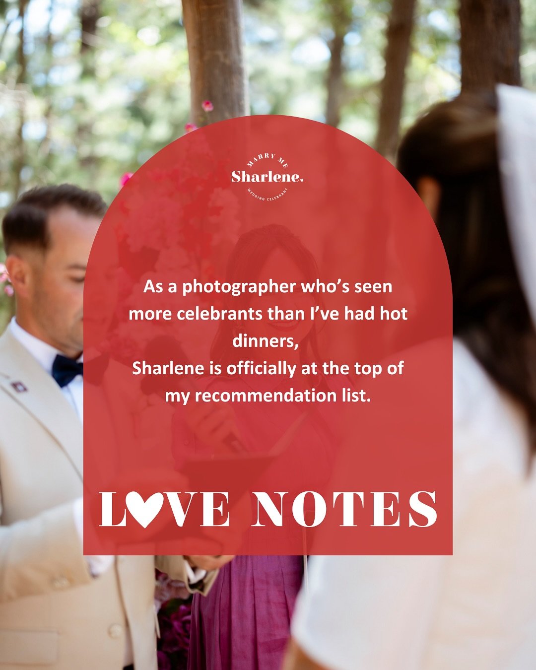 Love Notes from a gorgeous photographer who&rsquo;s been in the wedding industry for 15 years 🥹🩷💕

I can&rsquo;t believe Sharlene is a &ldquo;new&rdquo; celebrant. She&rsquo;s warm, kind, stunningly presented, and so professional. At the wedding o