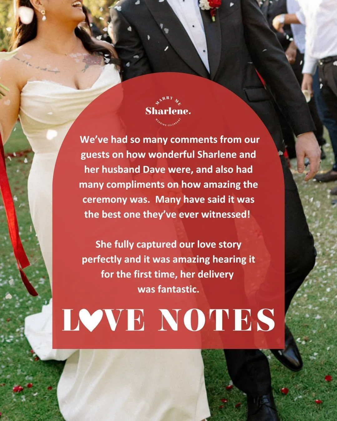 Love Notes by Josi and Shaydon ❤️❤️

Sharlene from the get go made the whole process easy. My now husband and I didn&rsquo;t really know what we were looking for or where to start but she knew exactly what to do.

She is warm, kind, funny and genuine