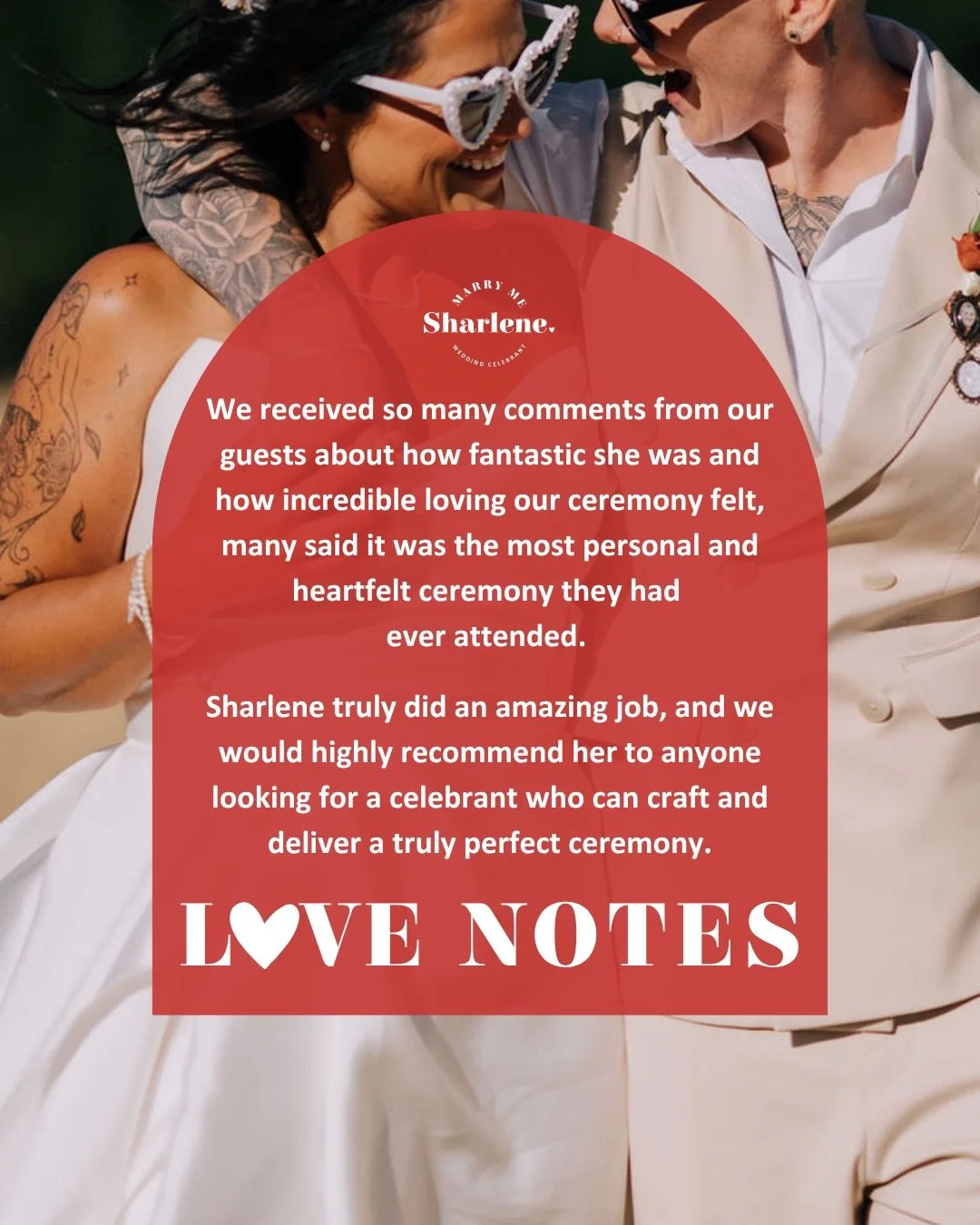 Love Notes ❤️❤️

From the minute we first spoke to Sharlene, we knew we wanted her to be part of our celebration &mdash; something just clicked. Her reassuring and calming presence made us feel completely at ease. It was evident from the very beginni