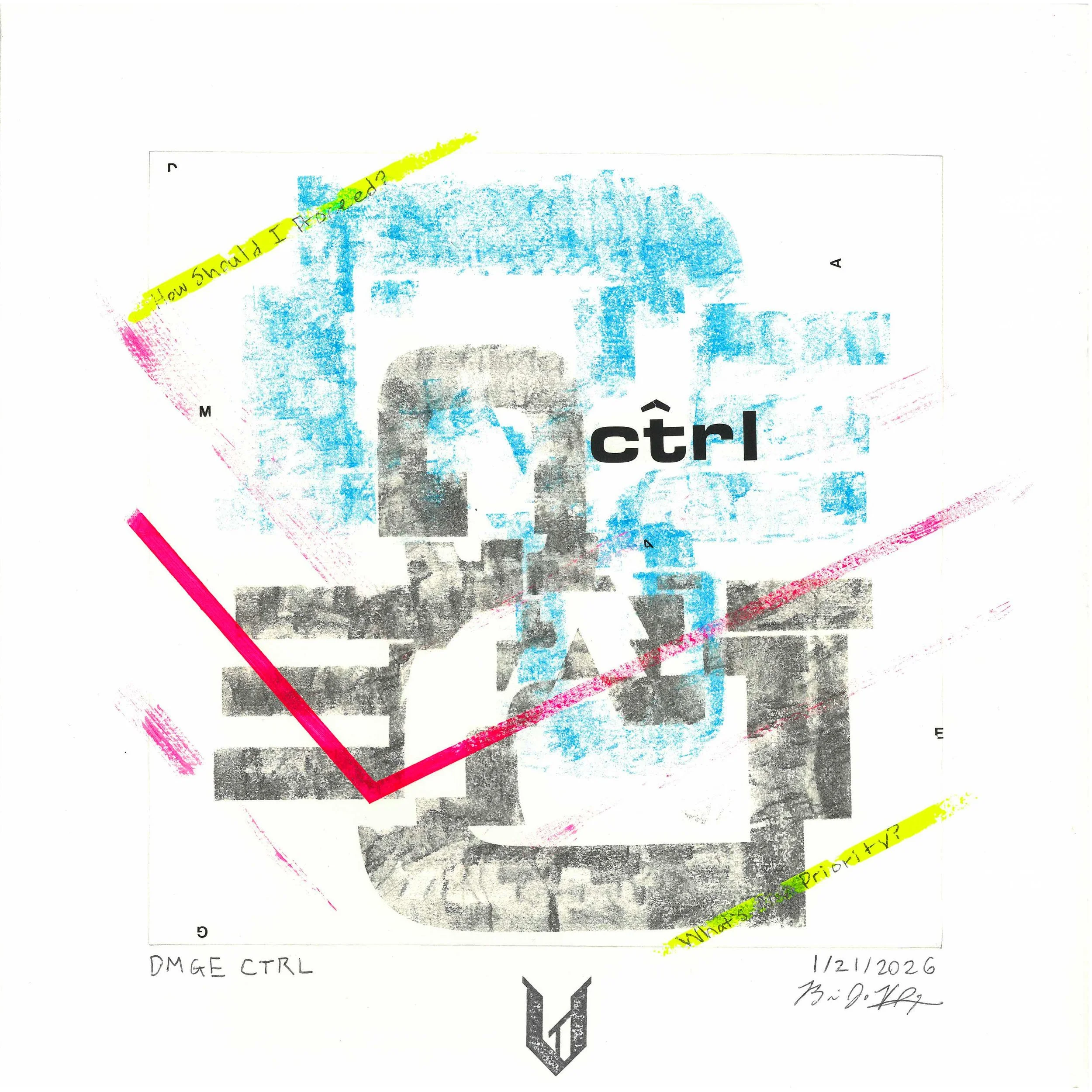 DMGE CTRL - Mixed media art using monoprint techniques, acrylic paint, and Letraset transfer letters to show containment. This work is by Brian Vliet.