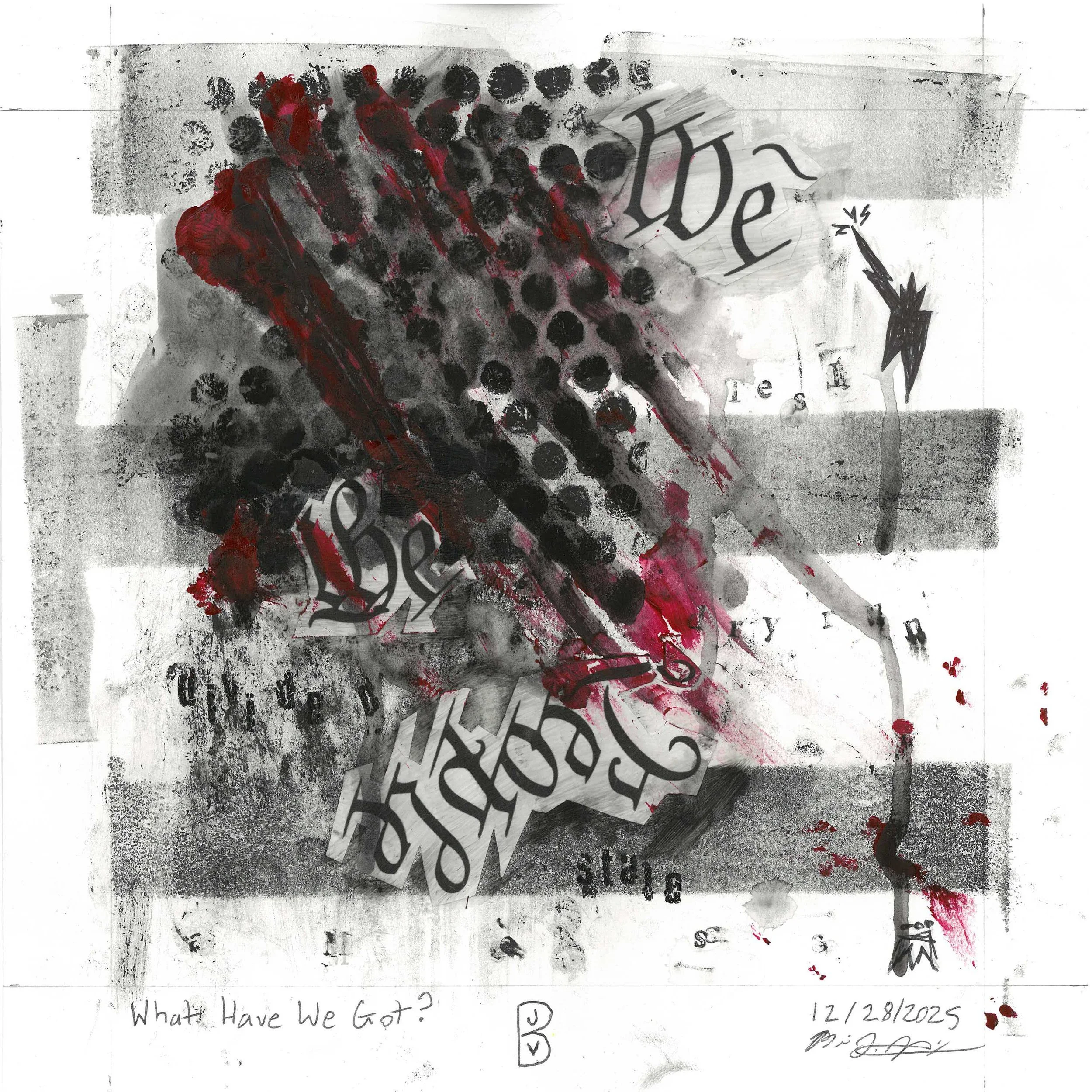 What Have We Got? - Mixed media art using relief printing techniques, laserjet cutouts, acrylic paint, Letraset transfer letters, and found objects to create a modified redacted American flag. This work is by Brian Vliet