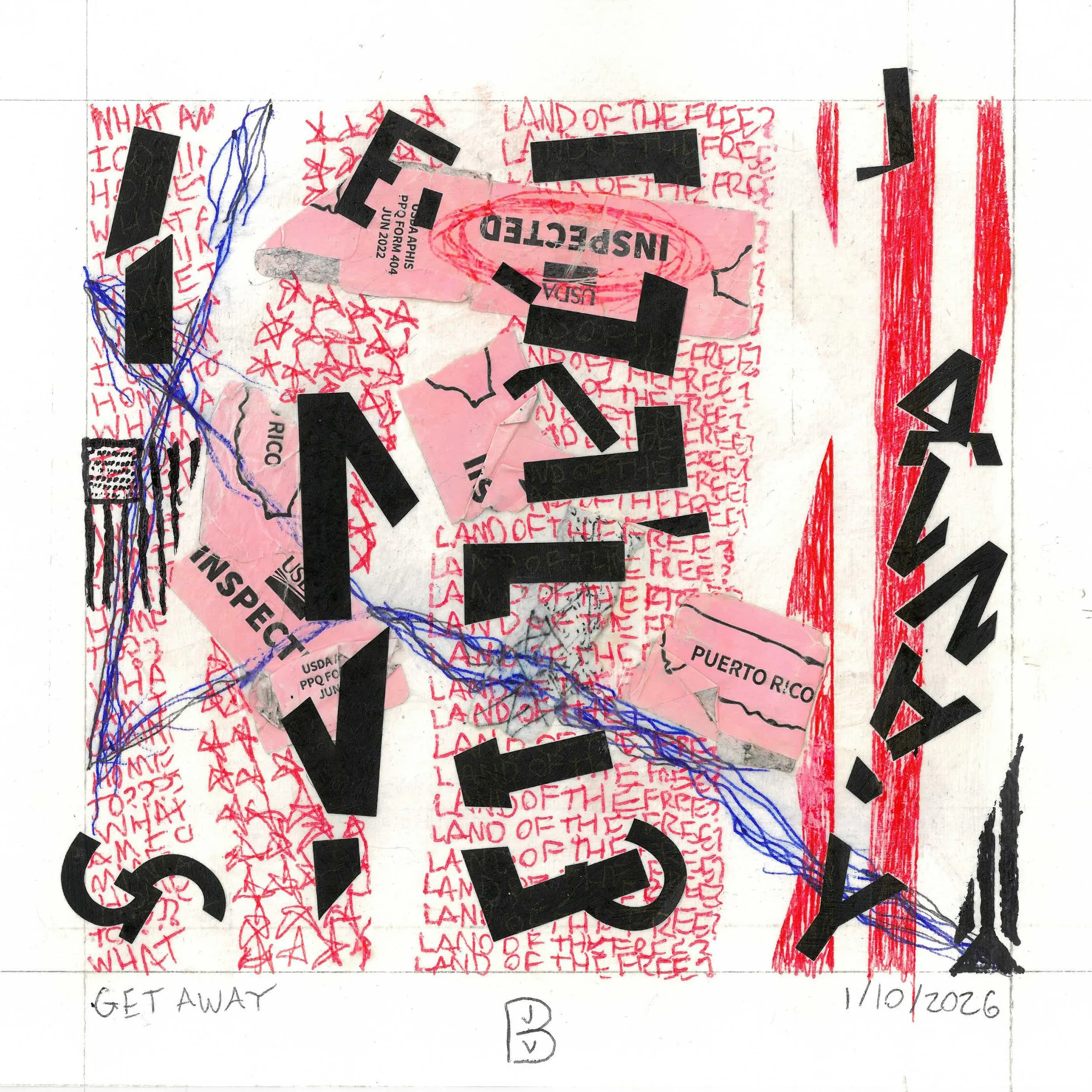 Get Away - Mixed media art about needing to get away from the mundane. This piece uses found objects, pen, permanent marker, and vinyl letters. This work is by Brian Vliet.