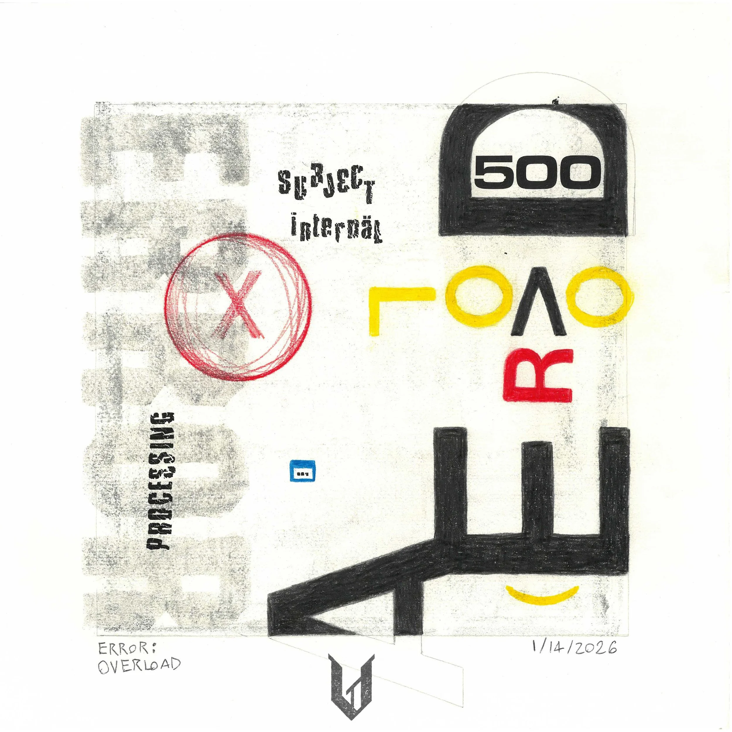 ERROR: OVERLOAD - Mixed media self-portrait using typography, colored pencil, Letraset transfer letters, and monoprint techniques. Computer coding is used to describe the subject's robotic state. This work is by Brian Vliet.