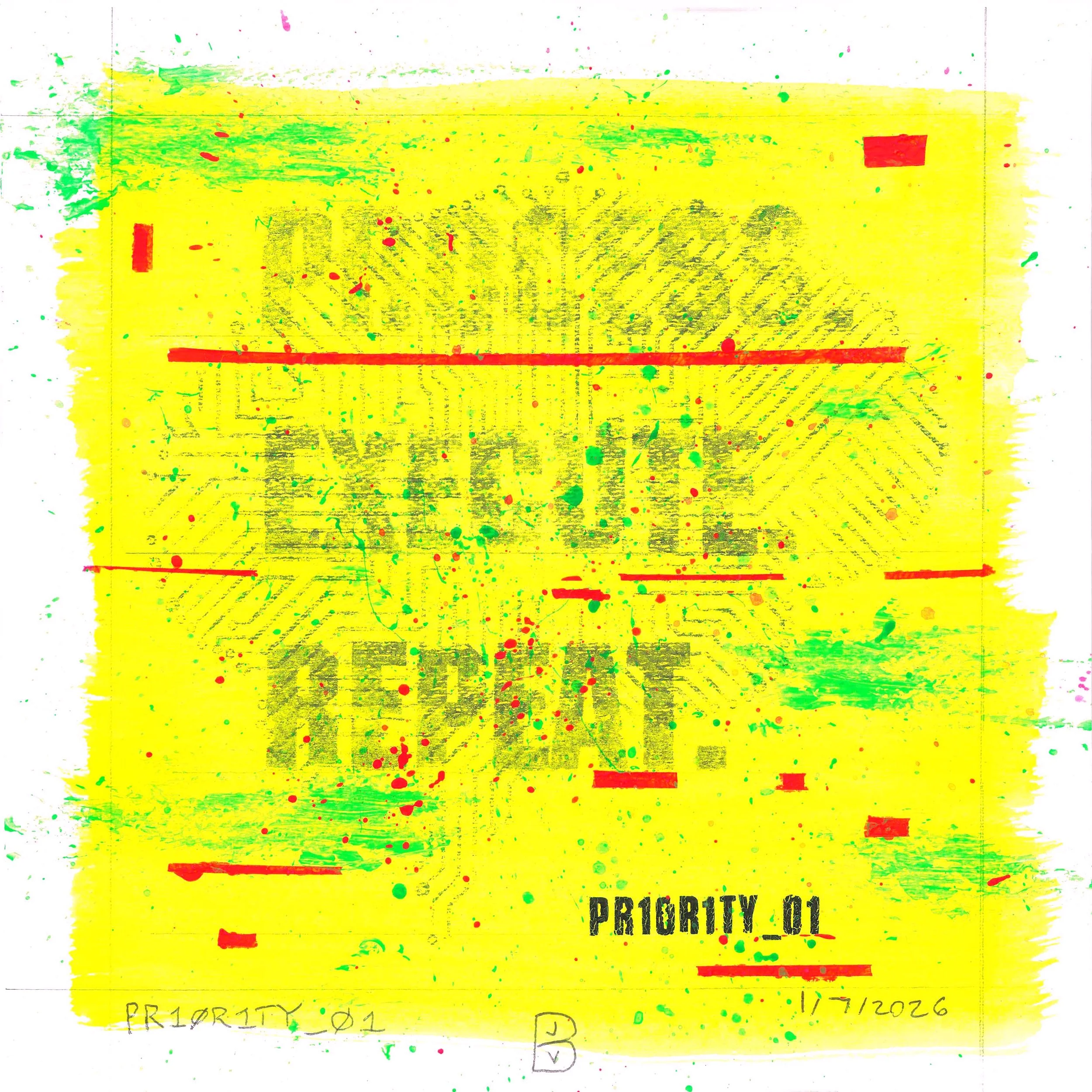PR10R1TY_01 - Mixed media art using monoprint techniques to create a brain made of circuits. Printed on top of the brain is typograhy and Letraset transfer letters describing a directive. This work is by Brian Vliet.