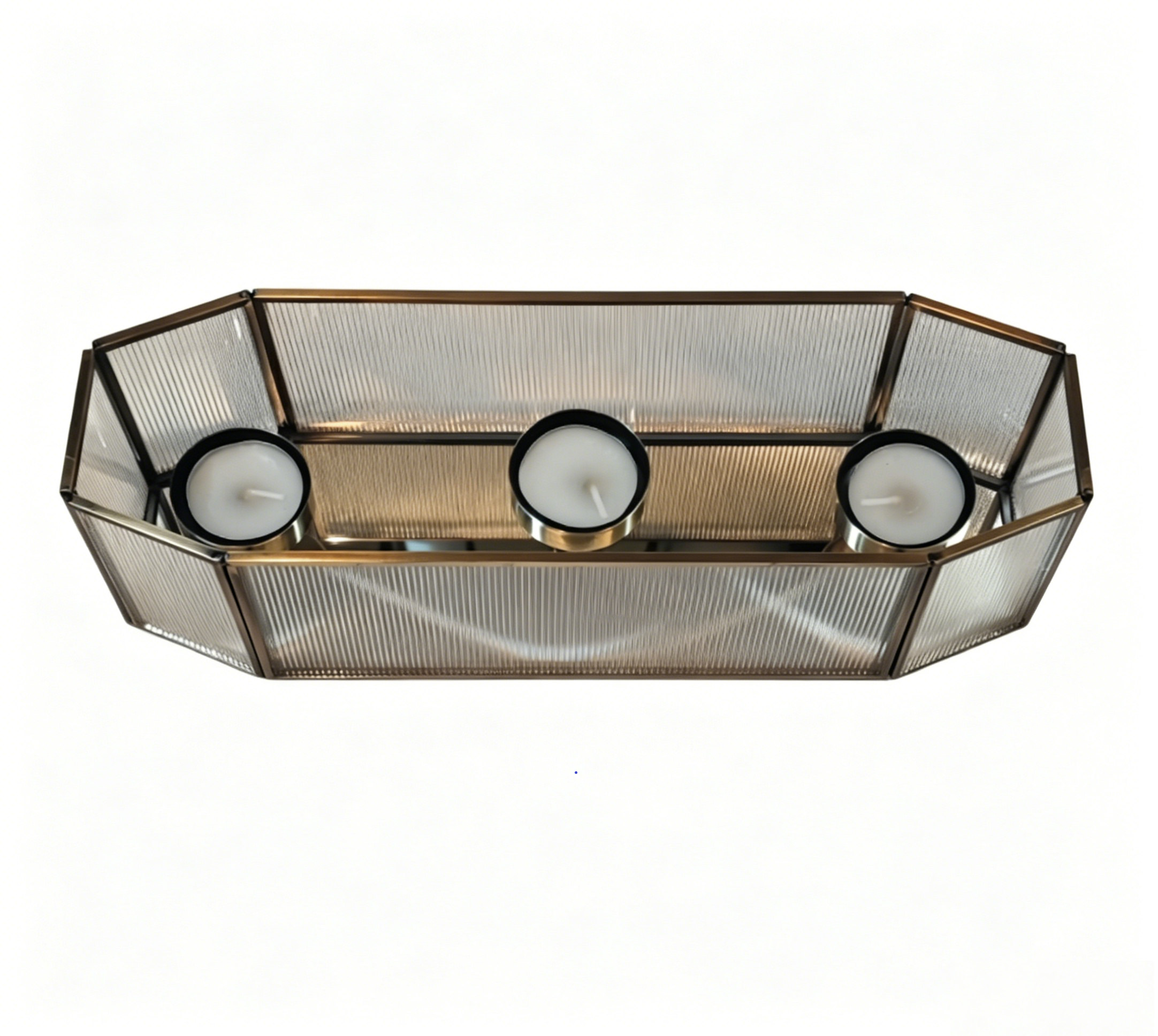 Copper-edged series 3-heads candle holder vertical patterned glass