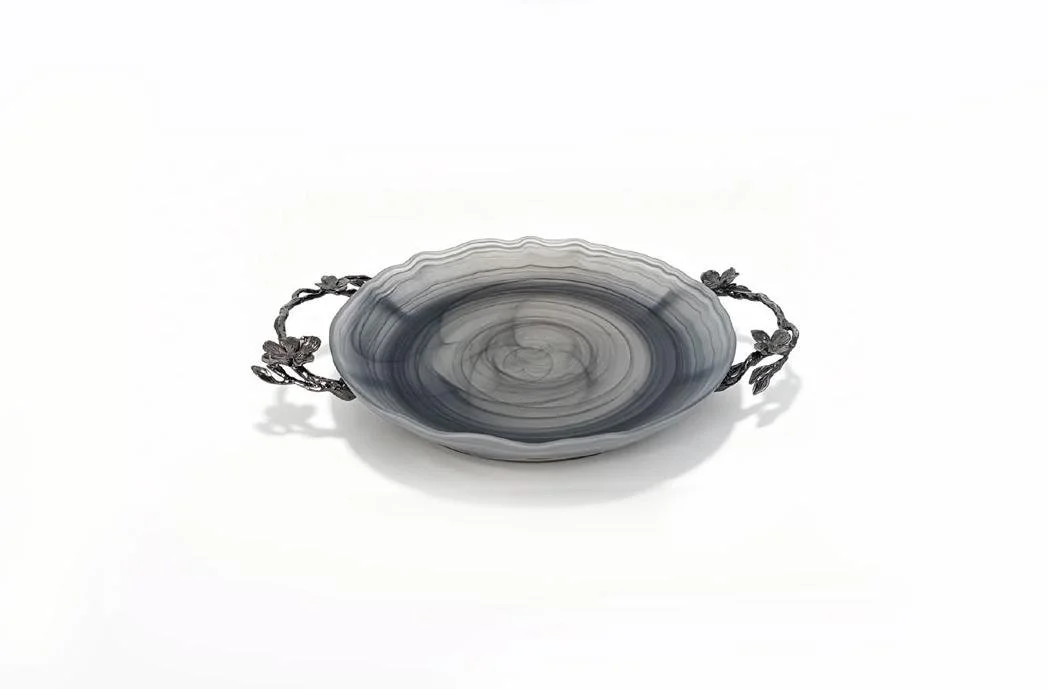 SMALL FLOWER ROUND TRAY BLACK NICKEL