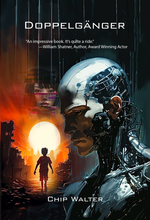 Cover of Chip Walter's new book Doppelganger showing a melancholy human cyborg on a dark background