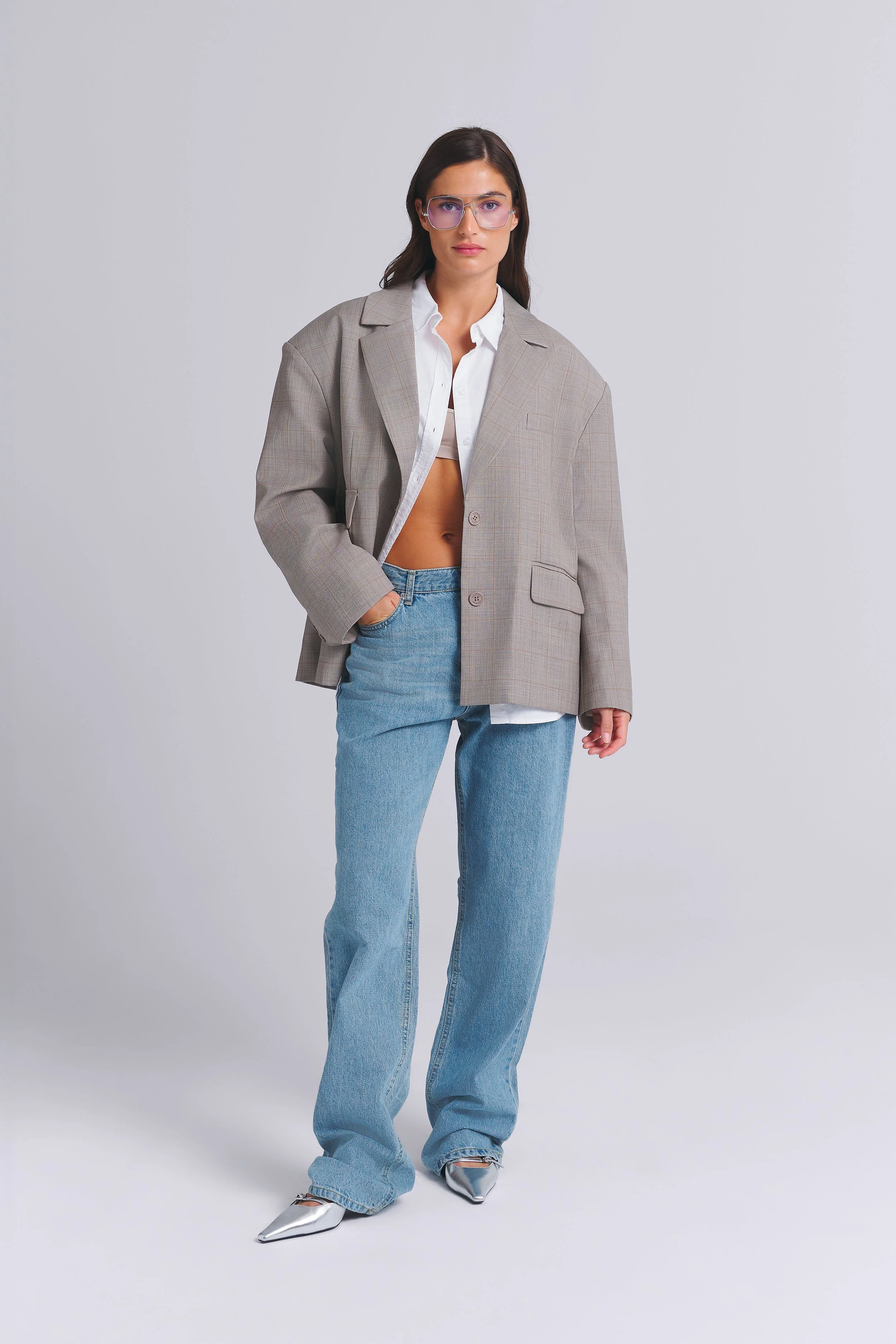 WOOL BLEND CHECKED OVERSIZED BLAZER /