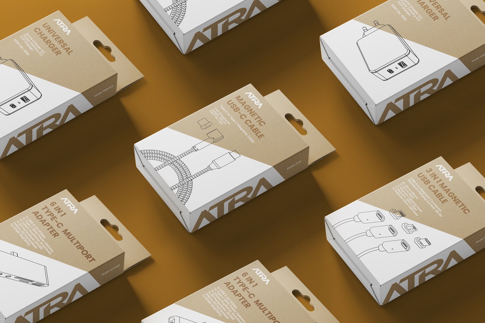 Verpackungsdesign für Produkte. Verschiedene Verpackungen von elektronischem Zubehör wie Ladegeräte, USB-C-Kabel und Multiport-Adapter auf braunem Hintergrund.