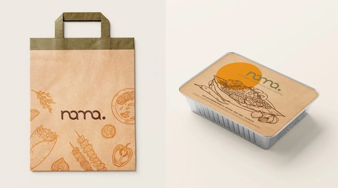 Papiertüte und Aluminiumschale mit Logo und Illustrationen von Lebensmitteln. grafikdesign für start-ups