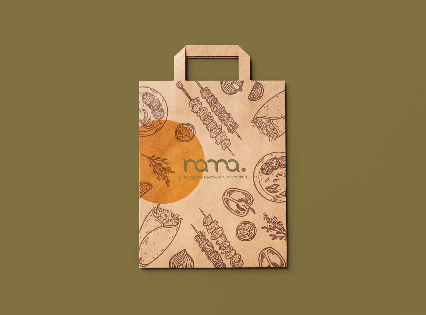 Papiertüte und Aluminiumschale mit Logo und Illustrationen von Lebensmitteln. grafikdesign für start-ups