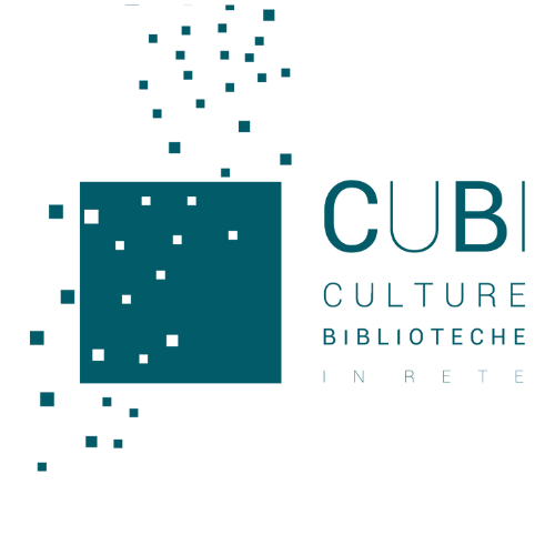 Logo di CUBI Culture Biblioteche In Rete con quadrati blu su sfondo bianco.