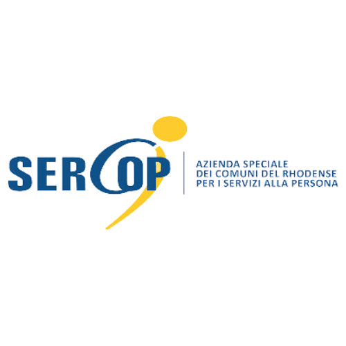 Logo di SER.COP, Azienda Speciale dei Comuni del Rhodense per i Servizi alla Persona, con testo blu e figura stilizzata gialla su sfondo trasparente.