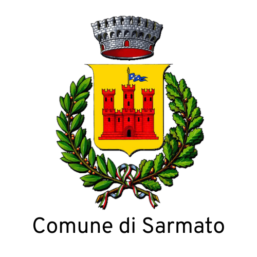 Stemma del Comune di Sarmato con torre rossa su sfondo giallo, decorato con corona muraria e rami di alloro e quercia.