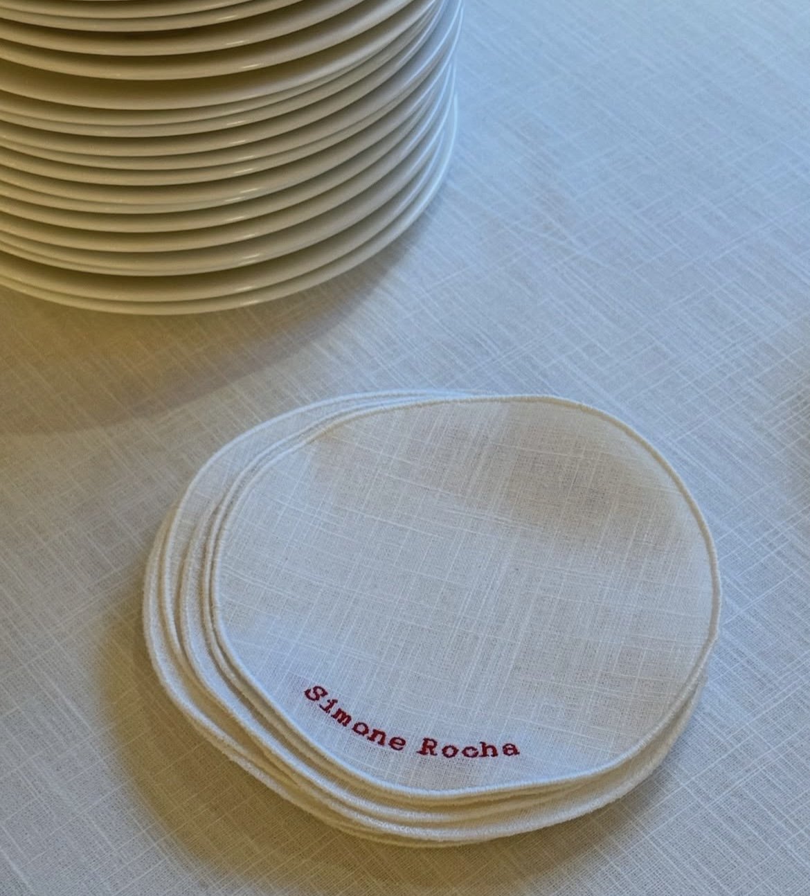 Simone Rocha embroidered napkins for the launch of Simone Rocha's new collection at Selfridges.