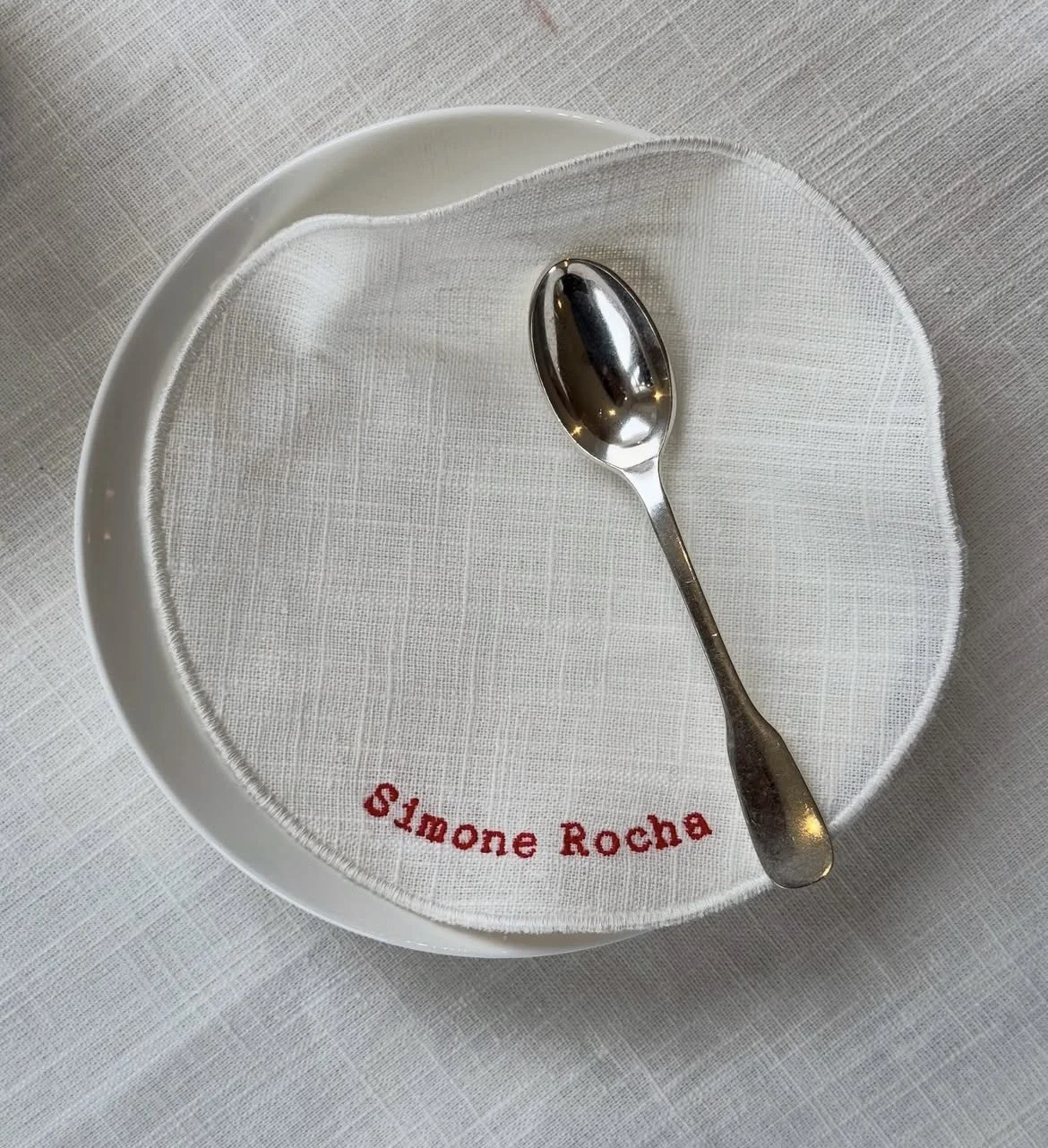 Simone Rocha embroidered napkins for the launch of Simone Rocha's new collection at Selfridges.